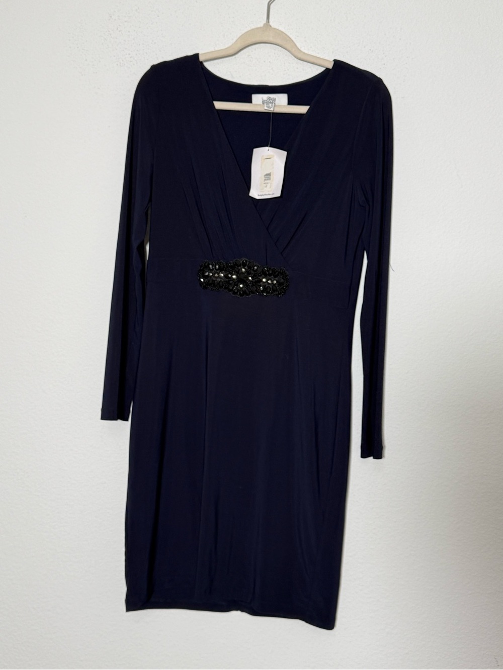 Belle Badgley Mischka Navy Embellished Waist Long Sleeve Cocktail Dress 10 NWT